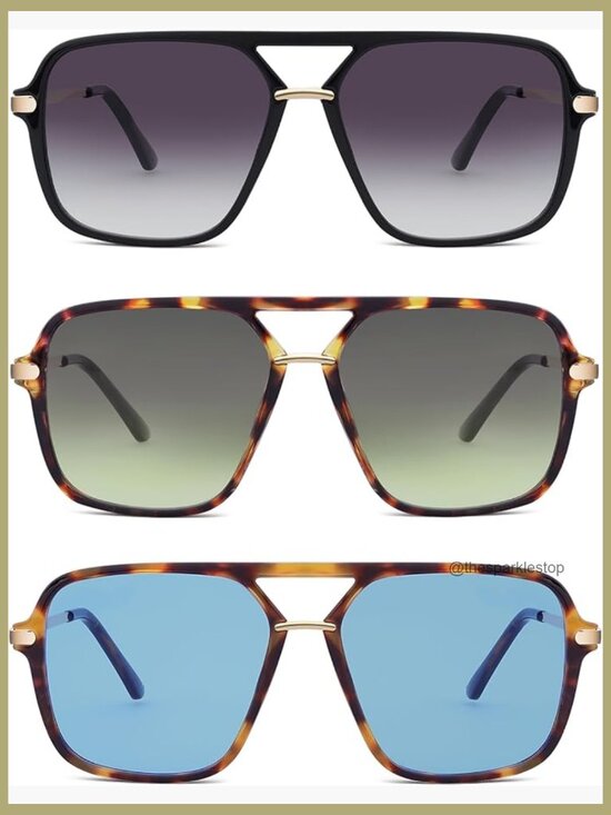 Vintage Square Tinted Lens Aviator Sunglasses Double Bar Metal Frame UV400 main image 6